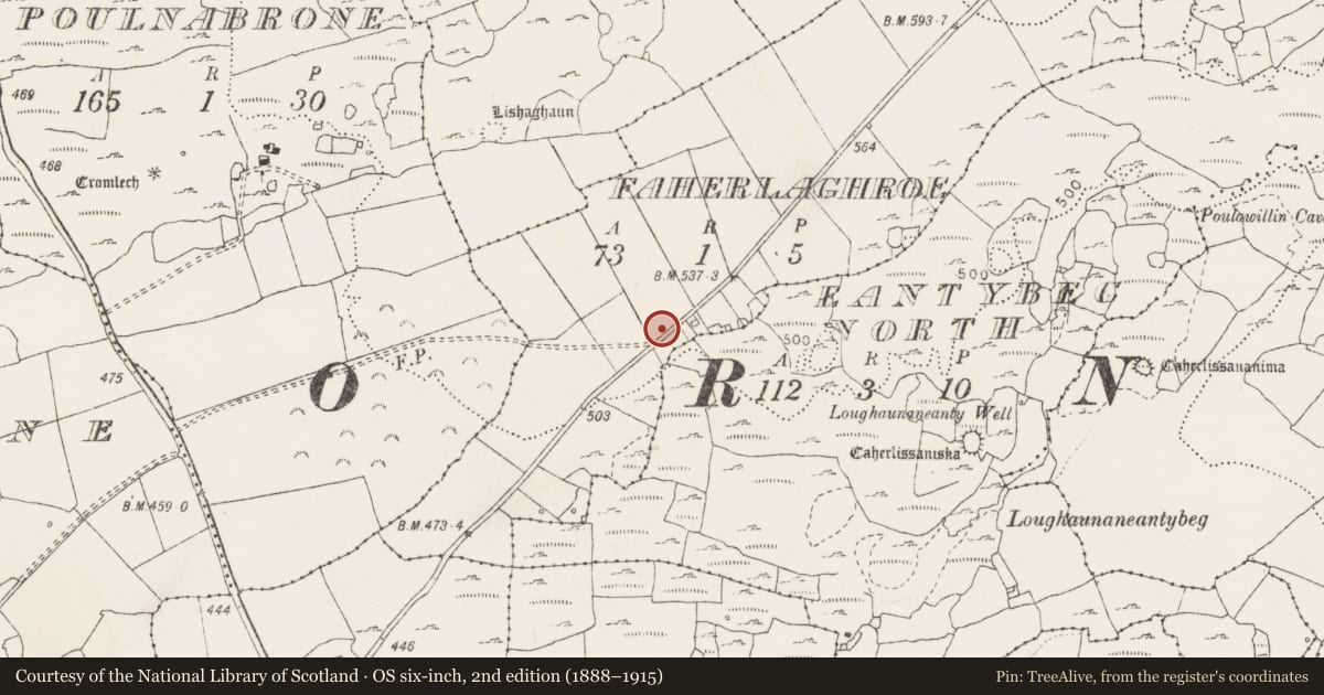 Ordnance Survey six-inch map, 2nd edition (1888–1915) covering the location of Barrow - unclassified, Faherlaghroe, County Clare, with a pin at the register's coordinates
