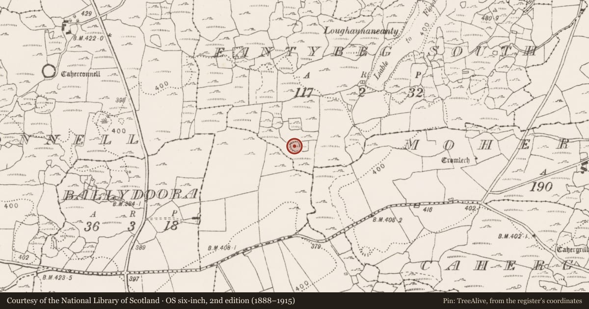 Ordnance Survey six-inch map, 2nd edition (1888–1915) covering the location of Ringfort - cashel, Eantybeg South, County Clare, with a pin at the register's coordinates