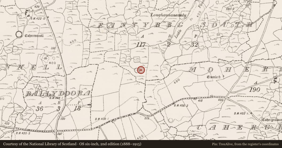 Ordnance Survey six-inch map, 2nd edition (1888–1915) covering the location of Enclosure, Eantybeg South, County Clare, with a pin at the register's coordinates