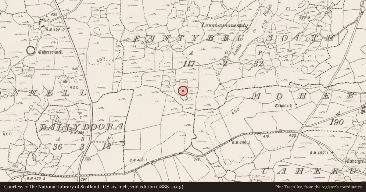 Ordnance Survey six-inch map, 2nd edition (1888–1915) covering the location of House - indeterminate date, Eantybeg South, County Clare, with a pin at the register's coordinates