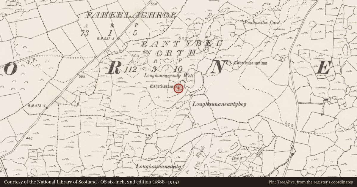 Ordnance Survey six-inch map, 2nd edition (1888–1915) covering the location of Hut site, Eantybeg North, County Clare, with a pin at the register's coordinates