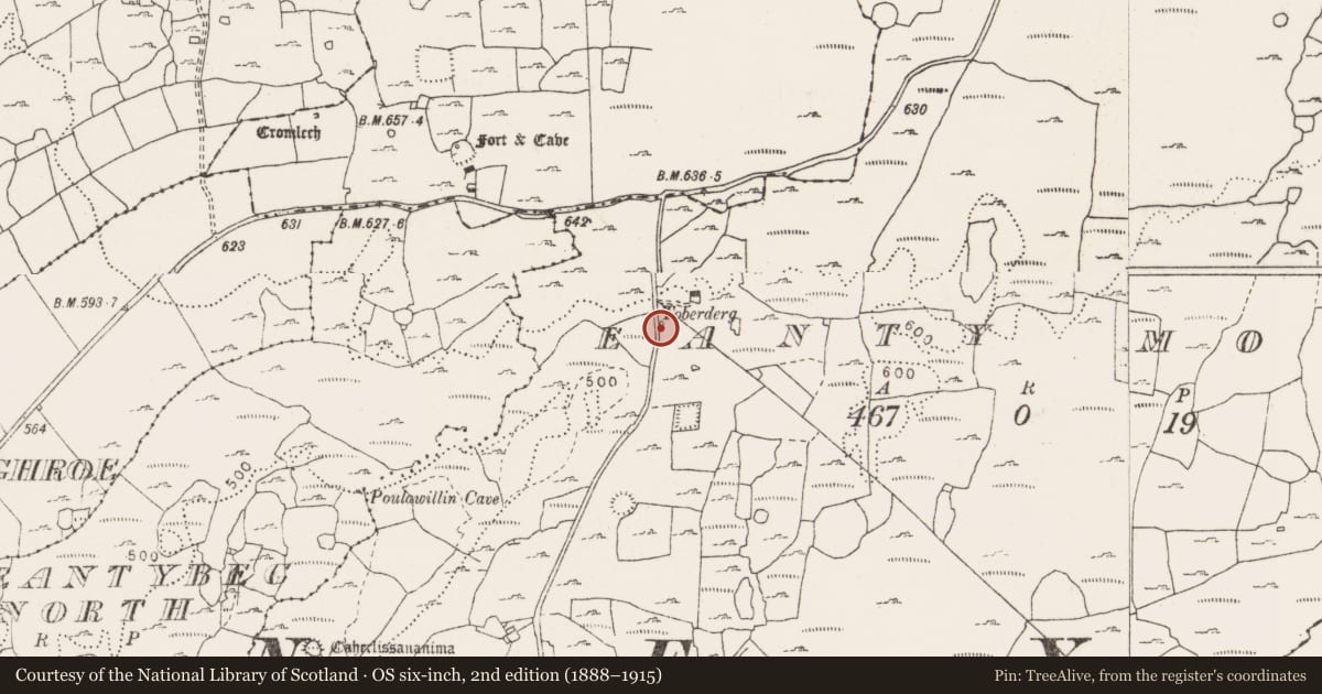 Ordnance Survey six-inch map, 2nd edition (1888–1915) covering the location of Ritual site - holy well, Eanty More, County Clare, with a pin at the register's coordinates