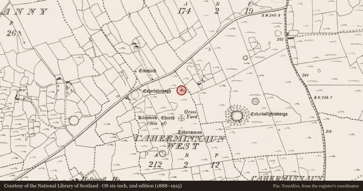 Ordnance Survey six-inch map, 2nd edition (1888–1915) covering the location of Barrow - ring-barrow, Caherminnaun West, County Clare, with a pin at the register's coordinates
