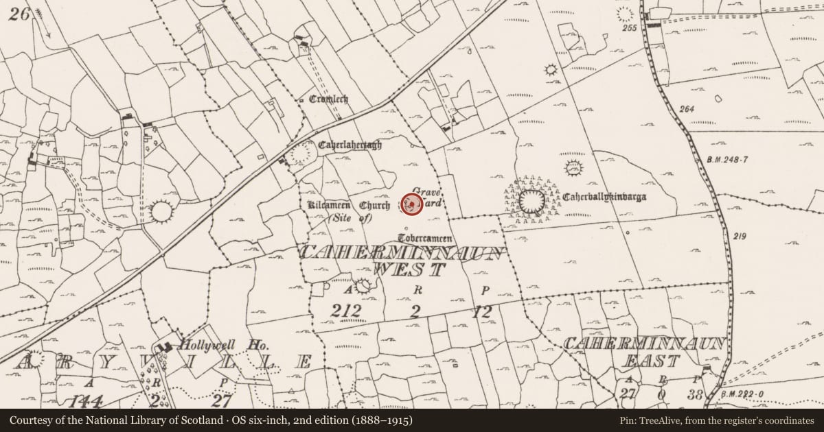 Ordnance Survey six-inch map, 2nd edition (1888–1915) covering the location of Church, Caherminnaun West, County Clare, with a pin at the register's coordinates
