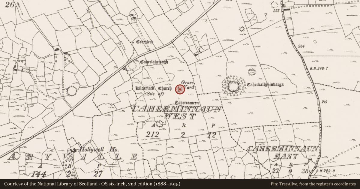Ordnance Survey six-inch map, 2nd edition (1888–1915) covering the location of Children's burial ground, Caherminnaun West, County Clare, with a pin at the register's coordinates