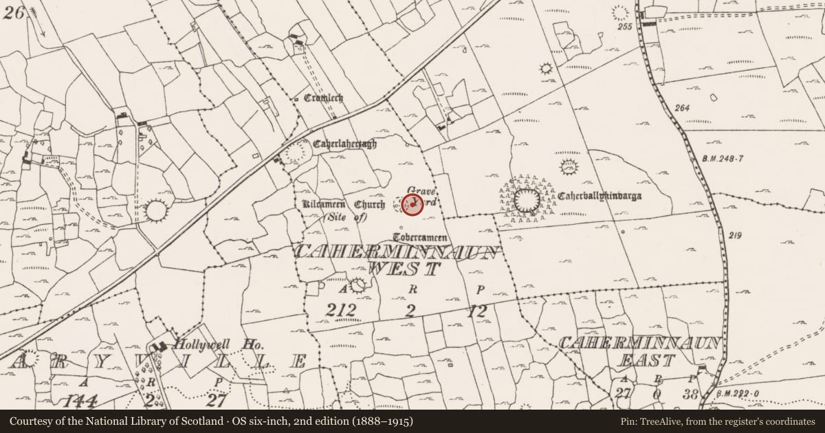 Ordnance Survey six-inch map, 2nd edition (1888–1915) covering the location of Cist, Caherminnaun West, County Clare, with a pin at the register's coordinates