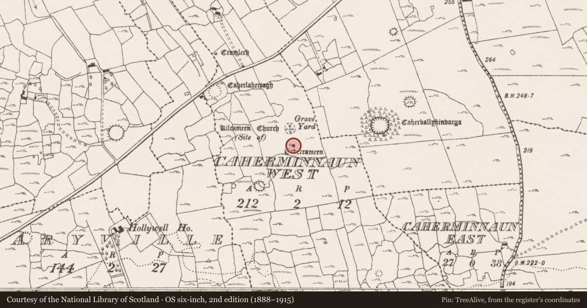 Ordnance Survey six-inch map, 2nd edition (1888–1915) covering the location of Ritual site - holy well, Caherminnaun West, County Clare, with a pin at the register's coordinates