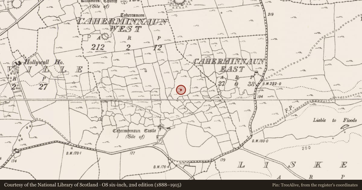 Ordnance Survey six-inch map, 2nd edition (1888–1915) covering the location of Enclosure, Caherminnaun West, County Clare, with a pin at the register's coordinates