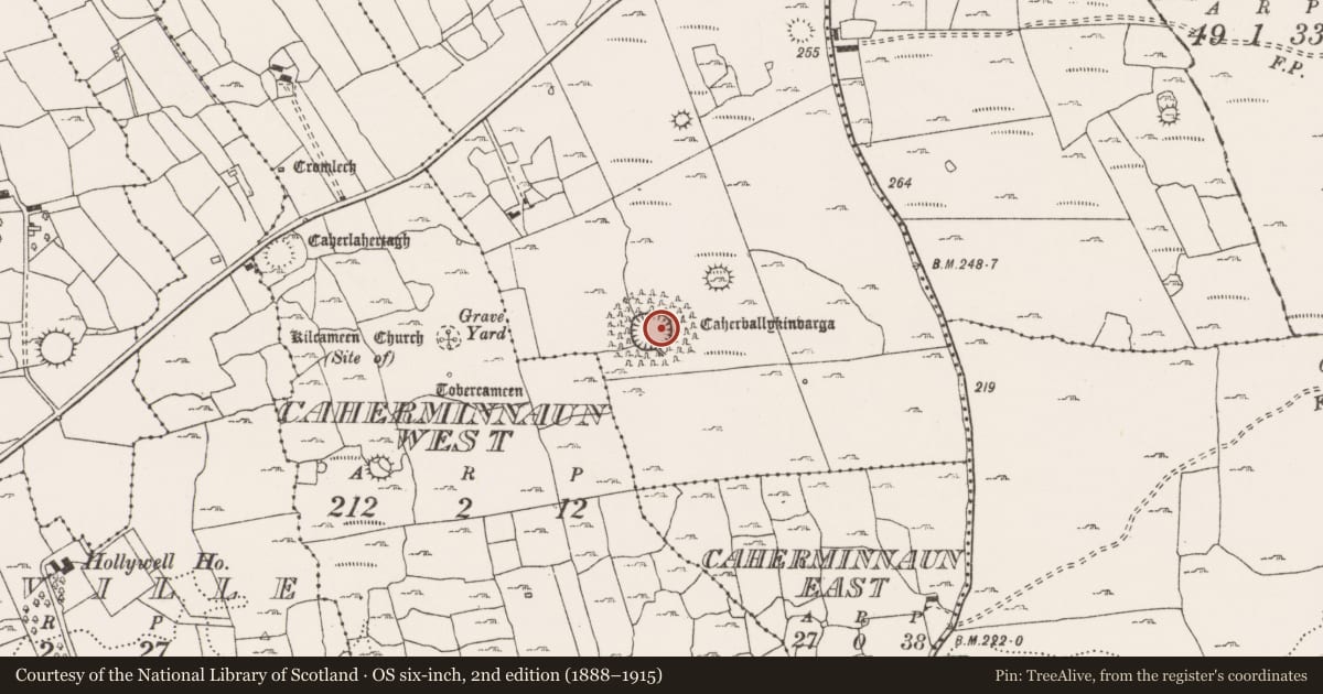 Ordnance Survey six-inch map, 2nd edition (1888–1915) covering the location of Ringfort - cashel, Ballykinvarga, County Clare, with a pin at the register's coordinates
