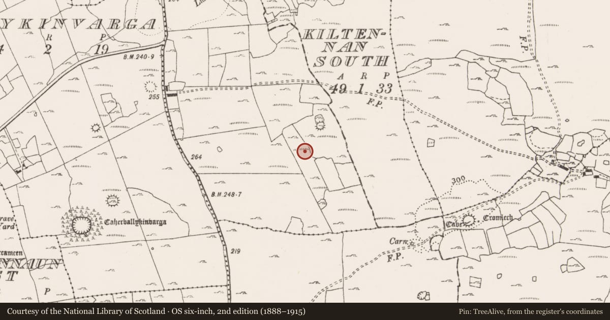 Ordnance Survey six-inch map, 2nd edition (1888–1915) covering the location of Enclosure, Ballyhomulta, County Clare, with a pin at the register's coordinates