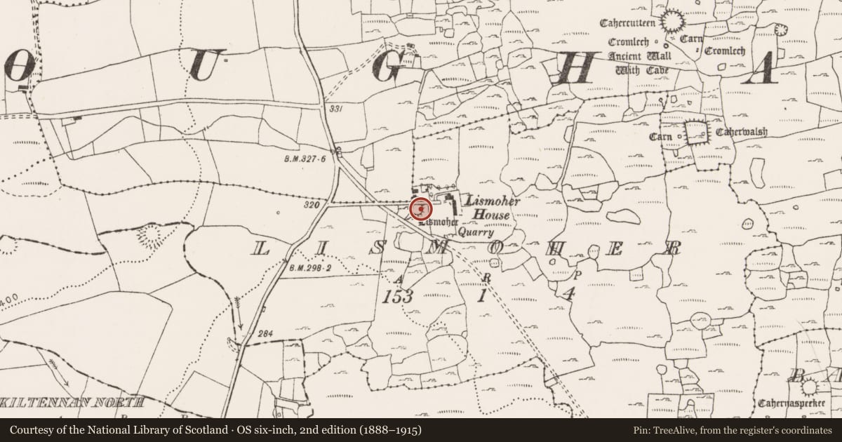 Ordnance Survey six-inch map, 2nd edition (1888–1915) covering the location of Ringfort - cashel, Lismoher, County Clare, with a pin at the register's coordinates