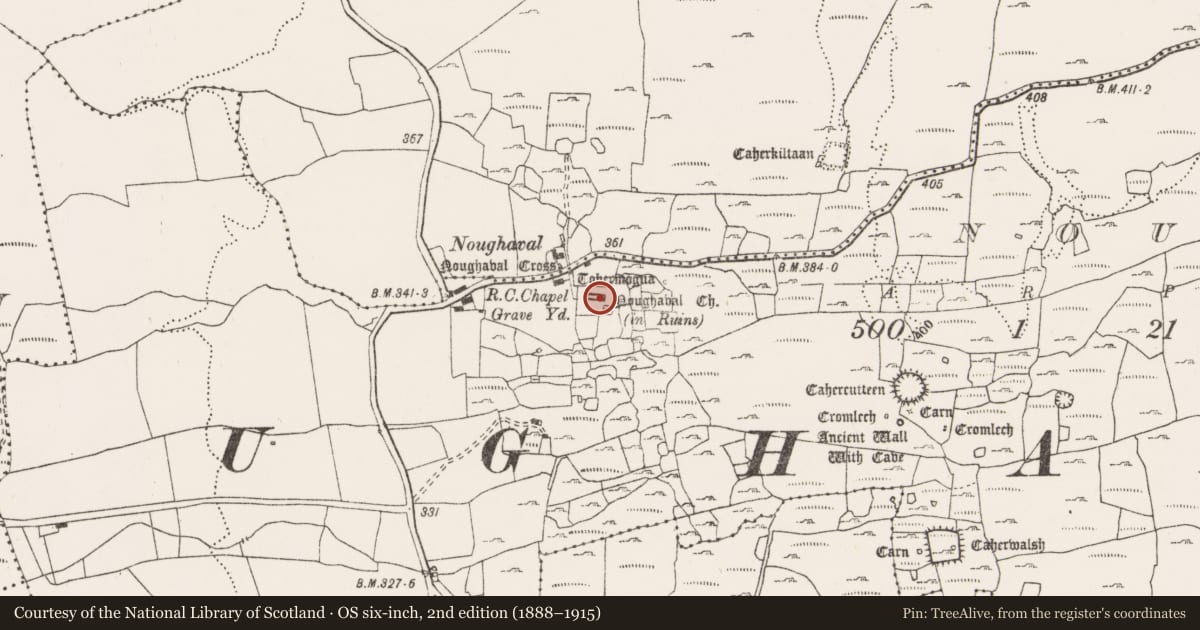 Ordnance Survey six-inch map, 2nd edition (1888–1915) covering the location of Church, Noughaval, County Clare, with a pin at the register's coordinates