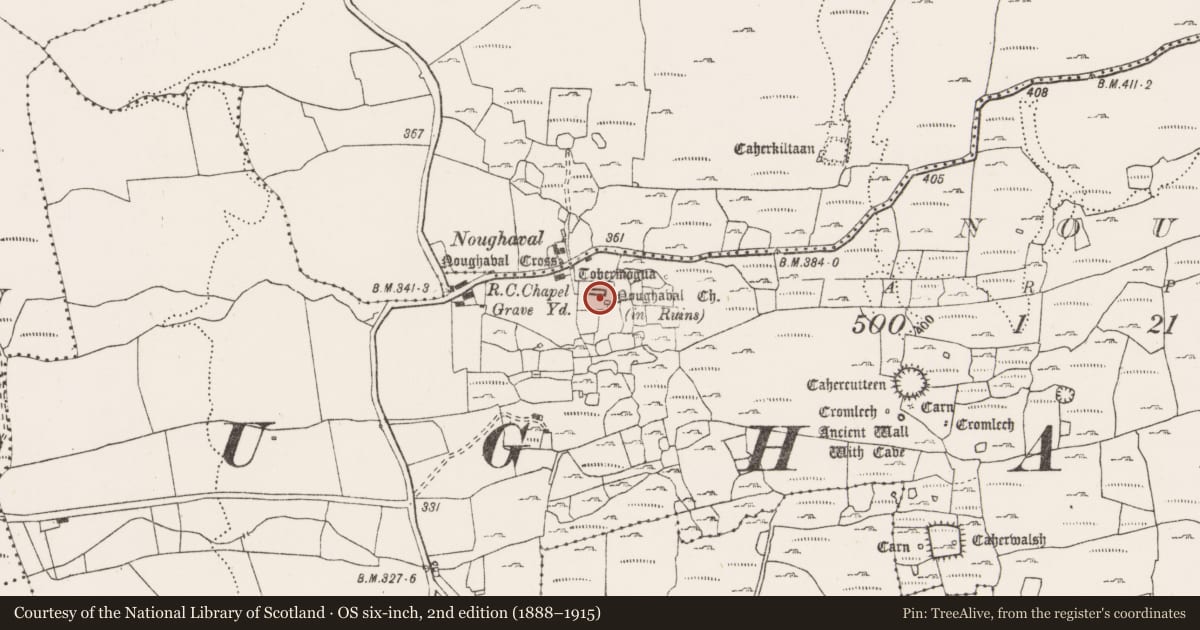 Ordnance Survey six-inch map, 2nd edition (1888–1915) covering the location of Graveyard, Noughaval, County Clare, with a pin at the register's coordinates