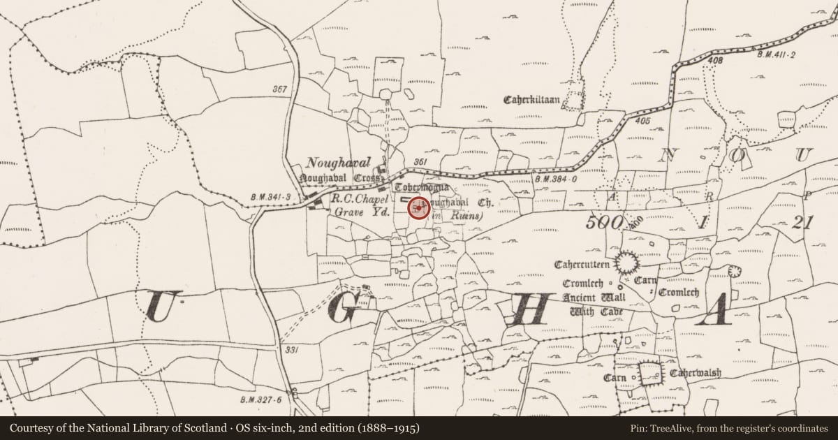 Ordnance Survey six-inch map, 2nd edition (1888–1915) covering the location of Chapel, Noughaval, County Clare, with a pin at the register's coordinates