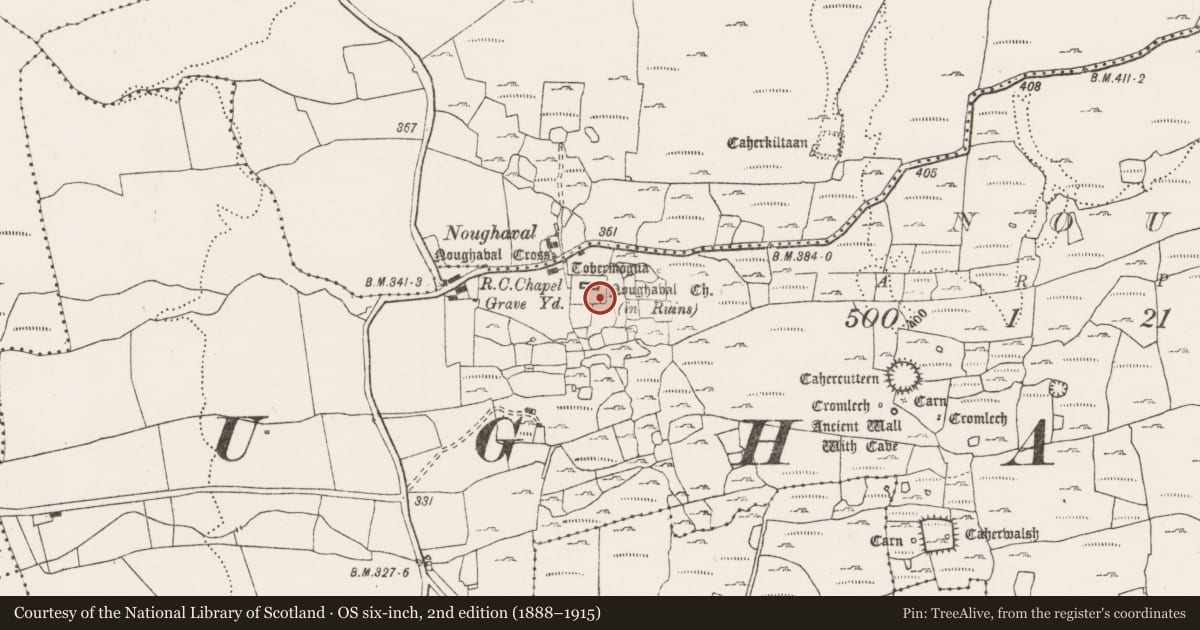 Ordnance Survey six-inch map, 2nd edition (1888–1915) covering the location of Cross, Noughaval, County Clare, with a pin at the register's coordinates