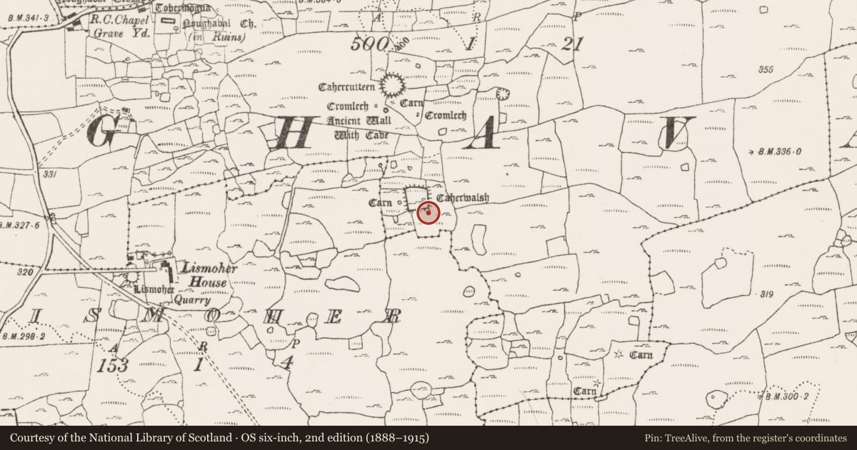 Ordnance Survey six-inch map, 2nd edition (1888–1915) covering the location of Cairn - unclassified, Noughaval, County Clare, with a pin at the register's coordinates