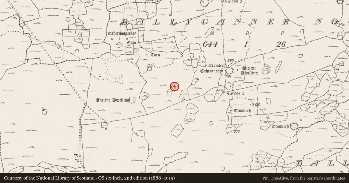 Ordnance Survey six-inch map, 2nd edition (1888–1915) covering the location of Enclosure, Ballyganner North, County Clare, with a pin at the register's coordinates