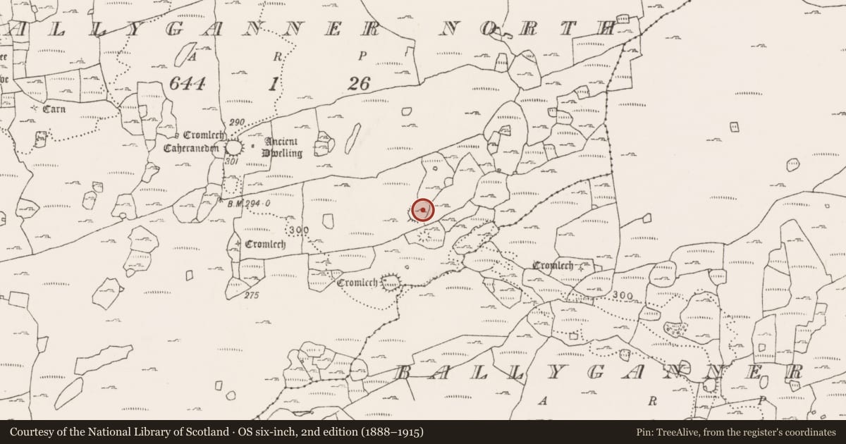 Ordnance Survey six-inch map, 2nd edition (1888–1915) covering the location of Enclosure, Ballyganner North, County Clare, with a pin at the register's coordinates