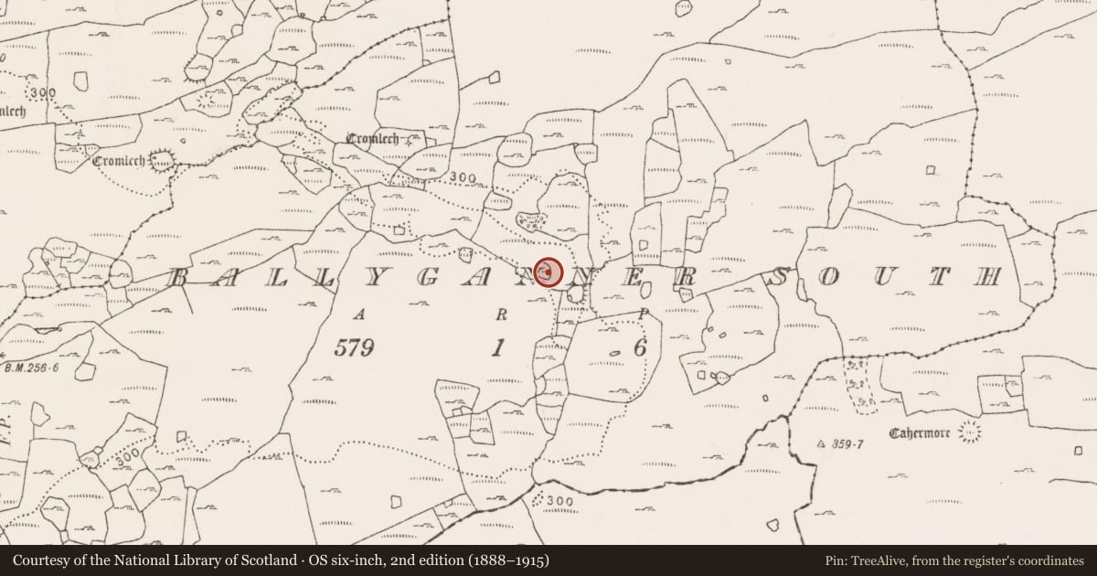 Ordnance Survey six-inch map, 2nd edition (1888–1915) covering the location of Ringfort - cashel, Ballyganner South, County Clare, with a pin at the register's coordinates