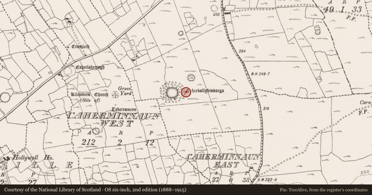 Ordnance Survey six-inch map, 2nd edition (1888–1915) covering the location of Standing stone, Ballykinvarga, County Clare, with a pin at the register's coordinates