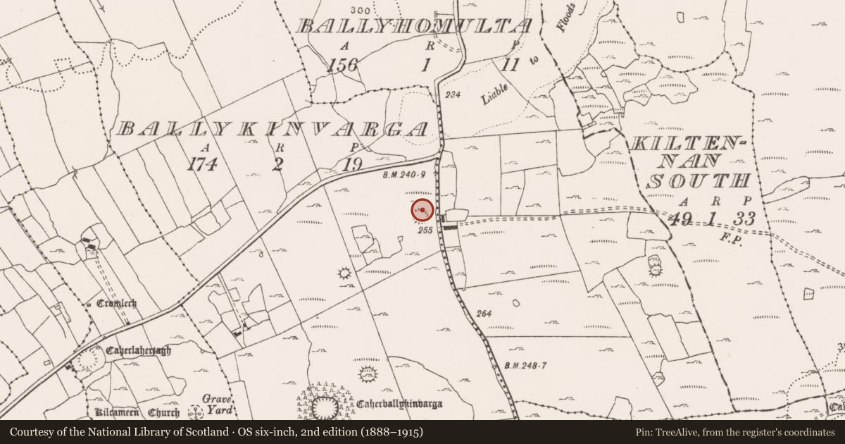 Ordnance Survey six-inch map, 2nd edition (1888–1915) covering the location of Structure, Ballykinvarga, County Clare, with a pin at the register's coordinates