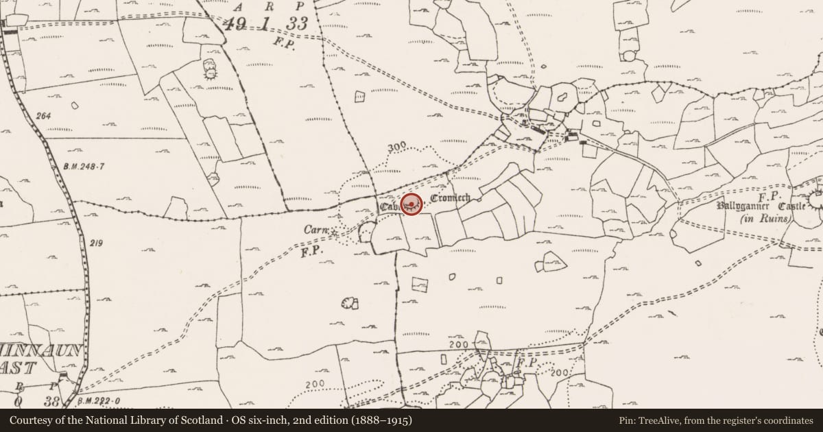 Ordnance Survey six-inch map, 2nd edition (1888–1915) covering the location of Souterrain, Ballyganner South, County Clare, with a pin at the register's coordinates