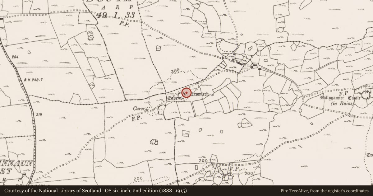Ordnance Survey six-inch map, 2nd edition (1888–1915) covering the location of Enclosure, Ballyganner South, County Clare, with a pin at the register's coordinates