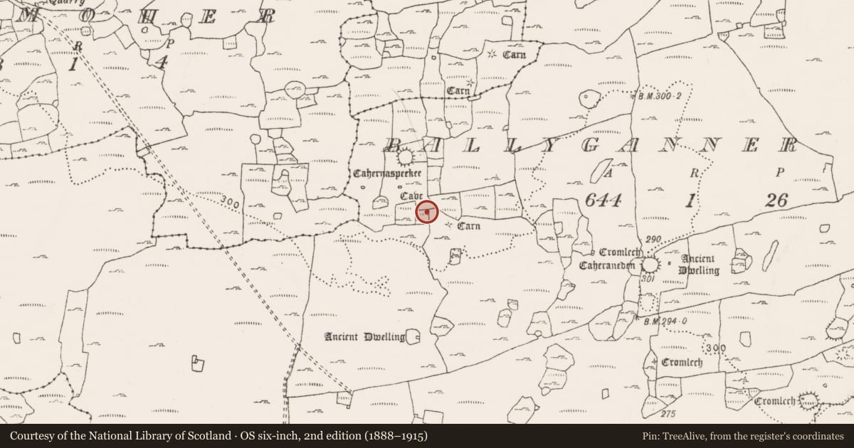 Ordnance Survey six-inch map, 2nd edition (1888–1915) covering the location of Souterrain, Ballyganner North, County Clare, with a pin at the register's coordinates