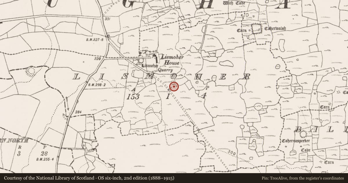 Ordnance Survey six-inch map, 2nd edition (1888–1915) covering the location of Ringfort - cashel, Lismoher, County Clare, with a pin at the register's coordinates