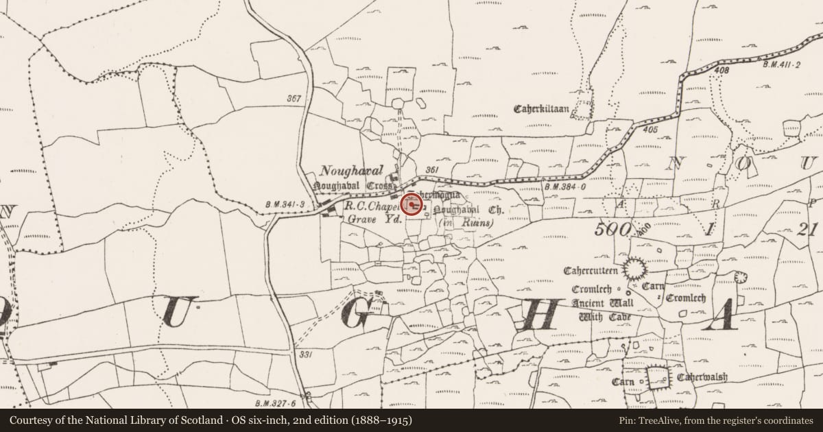 Ordnance Survey six-inch map, 2nd edition (1888–1915) covering the location of Round tower, Noughaval, County Clare, with a pin at the register's coordinates
