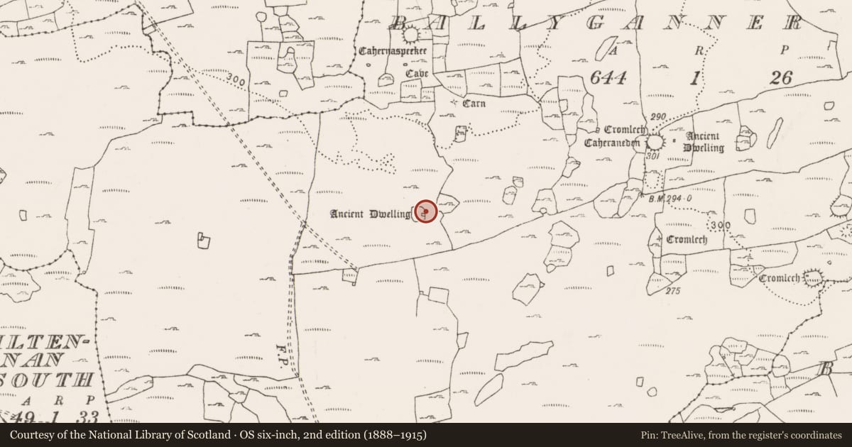Ordnance Survey six-inch map, 2nd edition (1888–1915) covering the location of House - indeterminate date, Ballyganner North, County Clare, with a pin at the register's coordinates