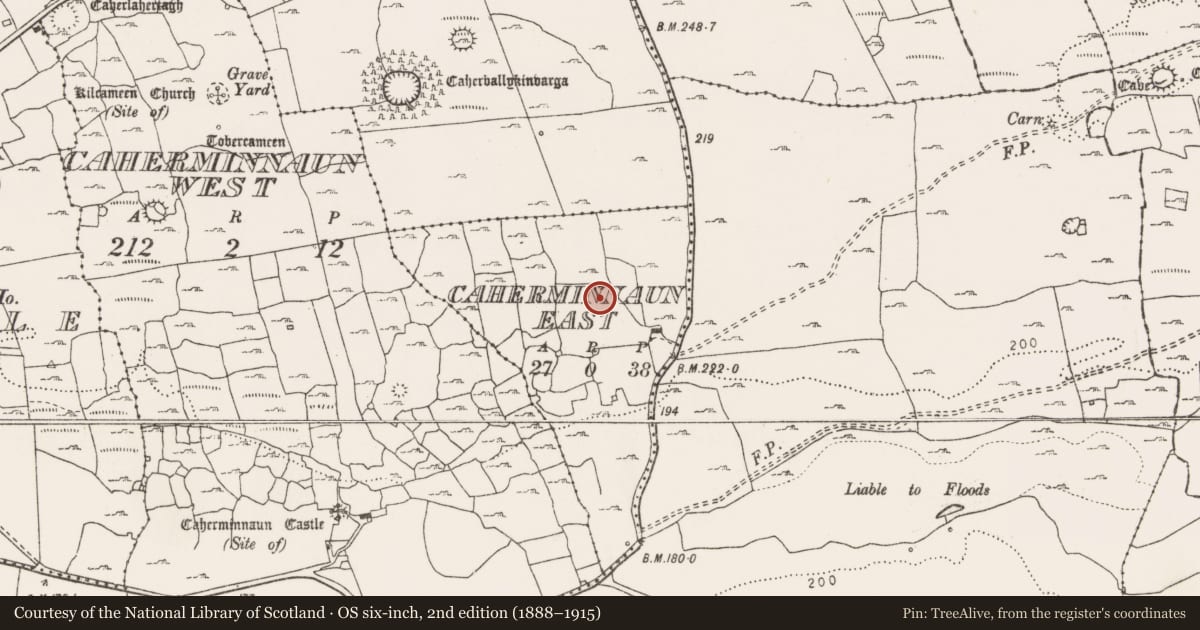 Ordnance Survey six-inch map, 2nd edition (1888–1915) covering the location of Enclosure, Caherminnaun East, County Clare, with a pin at the register's coordinates