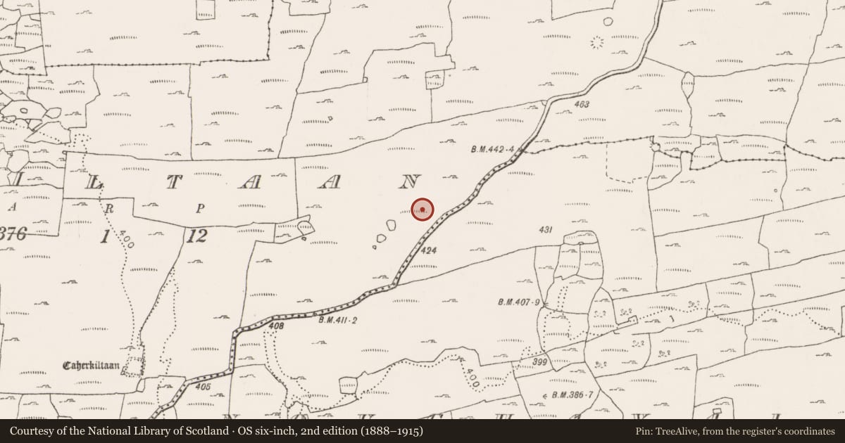 Ordnance Survey six-inch map, 2nd edition (1888–1915) covering the location of Enclosure, Kiltaan, County Clare, with a pin at the register's coordinates