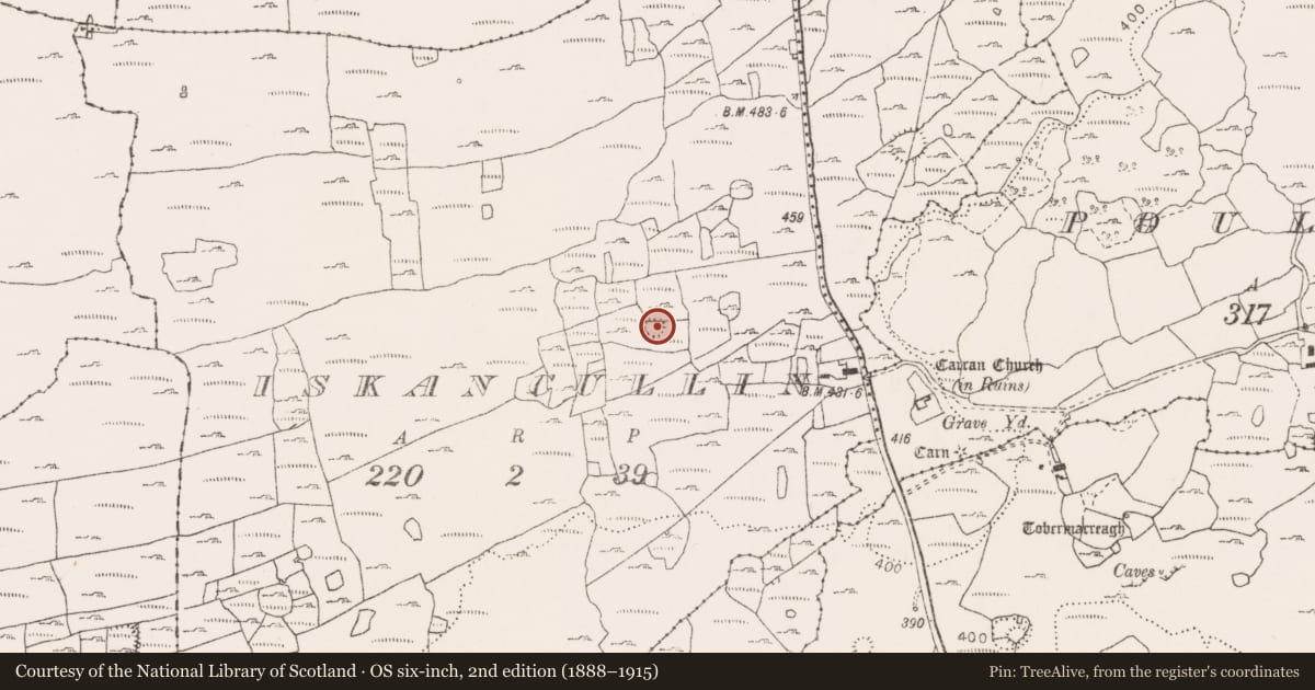 Ordnance Survey six-inch map, 2nd edition (1888–1915) covering the location of Souterrain, Iskancullin, County Clare, with a pin at the register's coordinates