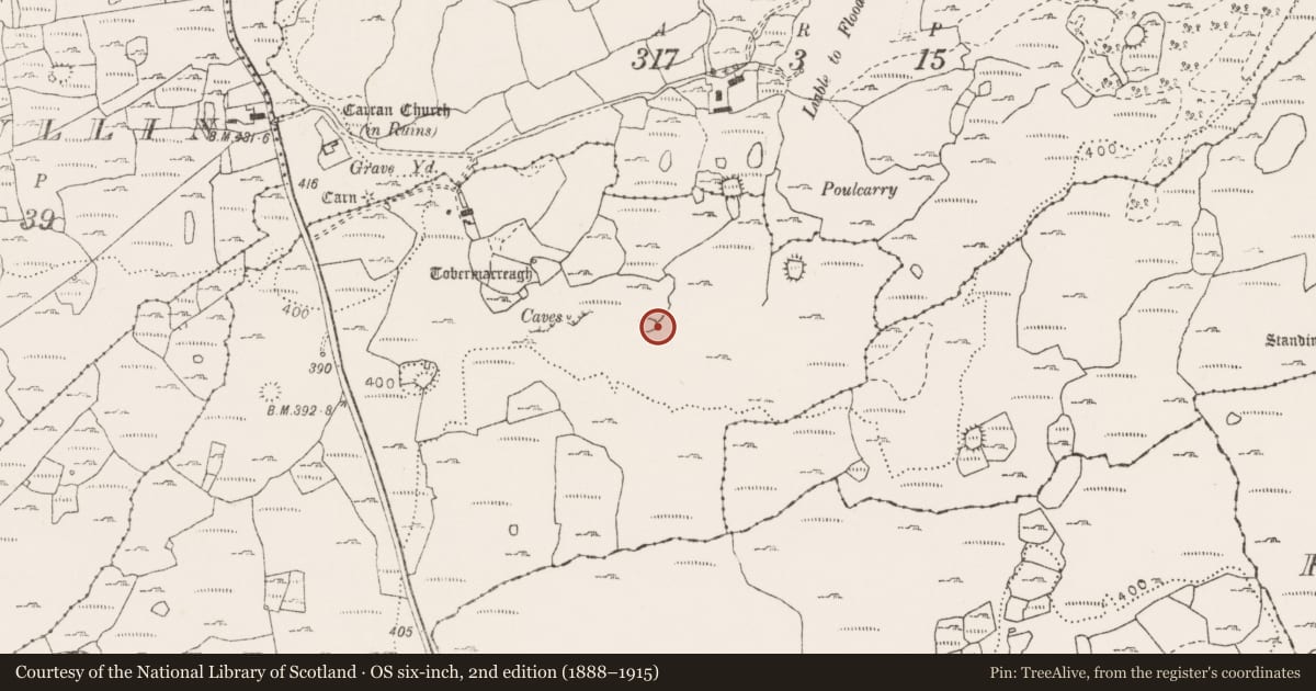 Ordnance Survey six-inch map, 2nd edition (1888–1915) covering the location of Enclosure, Carran, County Clare, with a pin at the register's coordinates
