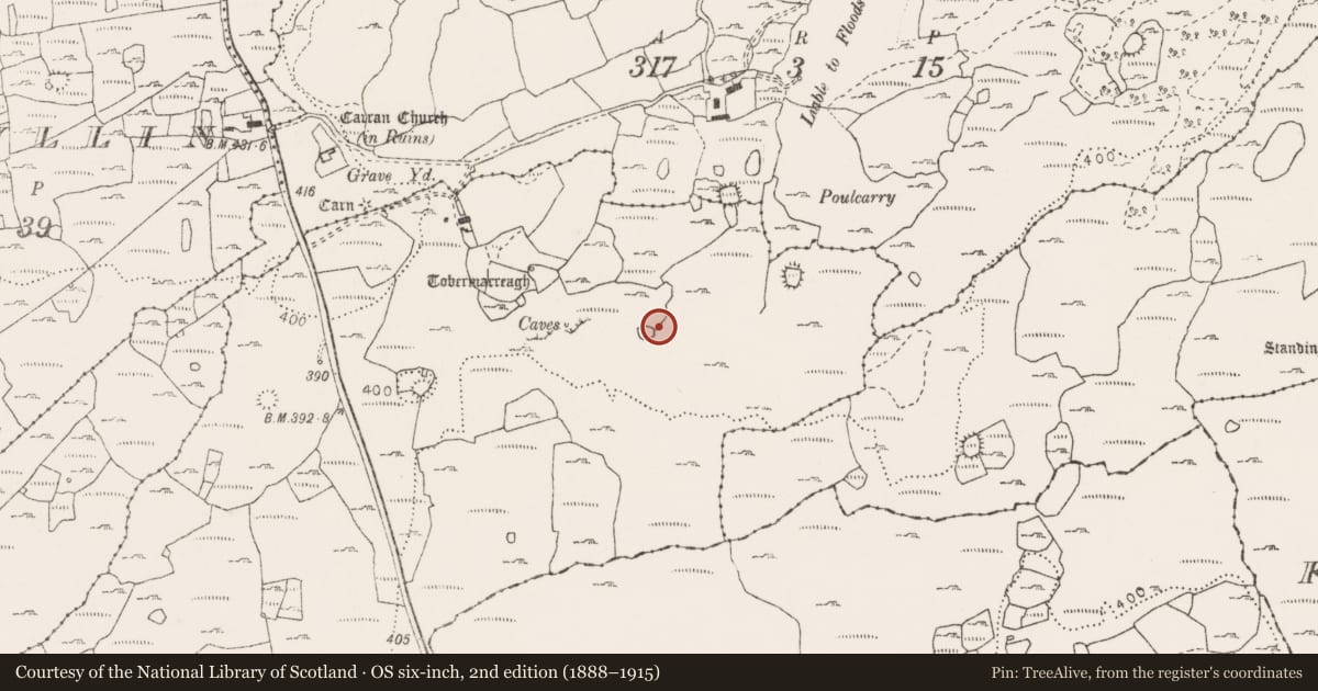 Ordnance Survey six-inch map, 2nd edition (1888–1915) covering the location of Hut site, Carran, County Clare, with a pin at the register's coordinates