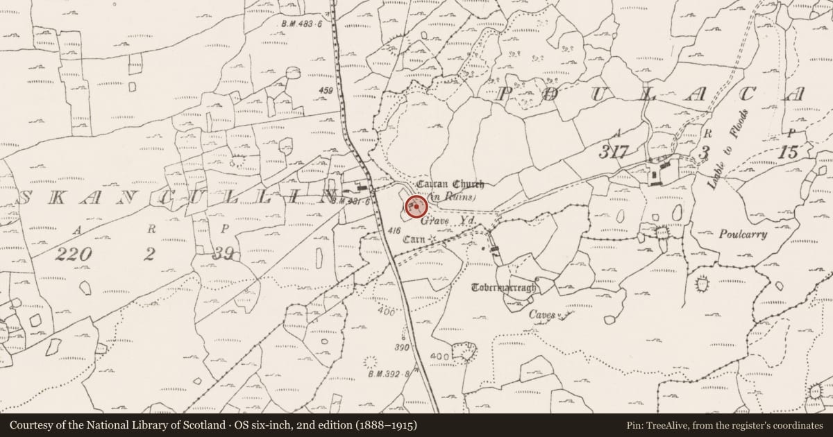 Ordnance Survey six-inch map, 2nd edition (1888–1915) covering the location of Church, Poulacarran, County Clare, with a pin at the register's coordinates