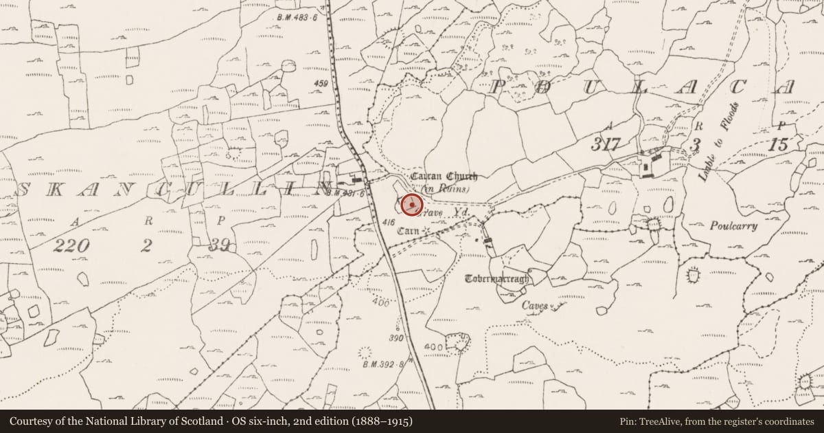 Ordnance Survey six-inch map, 2nd edition (1888–1915) covering the location of Graveyard, Poulacarran, County Clare, with a pin at the register's coordinates