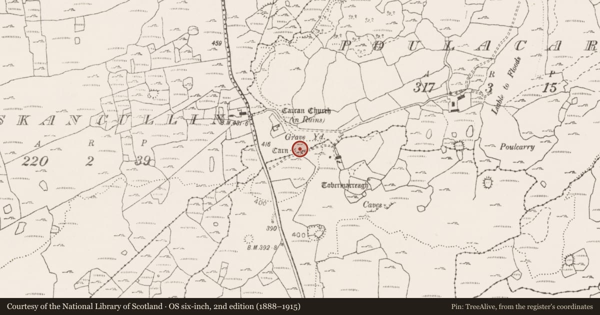 Ordnance Survey six-inch map, 2nd edition (1888–1915) covering the location of Cairn - unclassified, Poulacarran, County Clare, with a pin at the register's coordinates