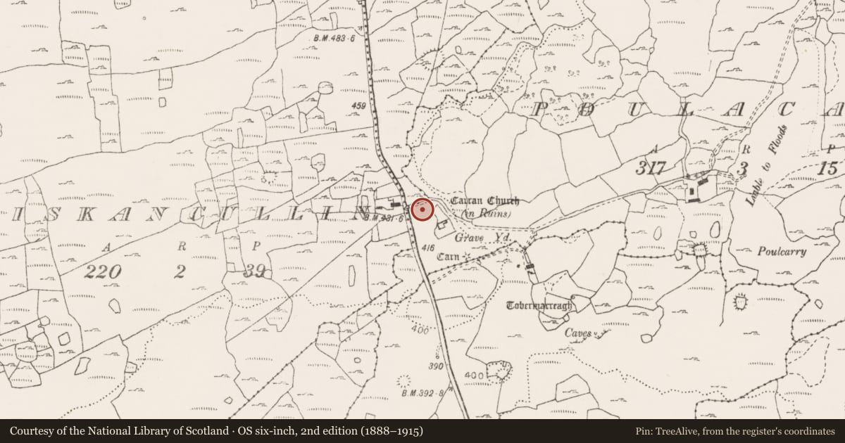 Ordnance Survey six-inch map, 2nd edition (1888–1915) covering the location of Settlement cluster, Poulacarran, Poulcaragharush, County Clare, with a pin at the register's coordinates