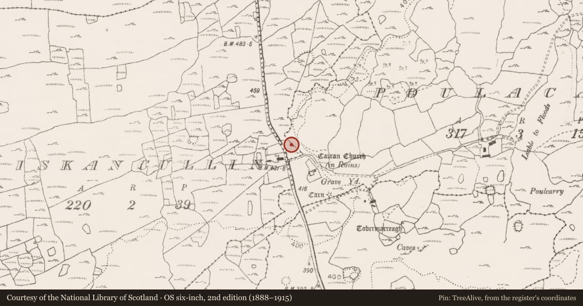 Ordnance Survey six-inch map, 2nd edition (1888–1915) covering the location of House - indeterminate date, Poulcaragharush, County Clare, with a pin at the register's coordinates