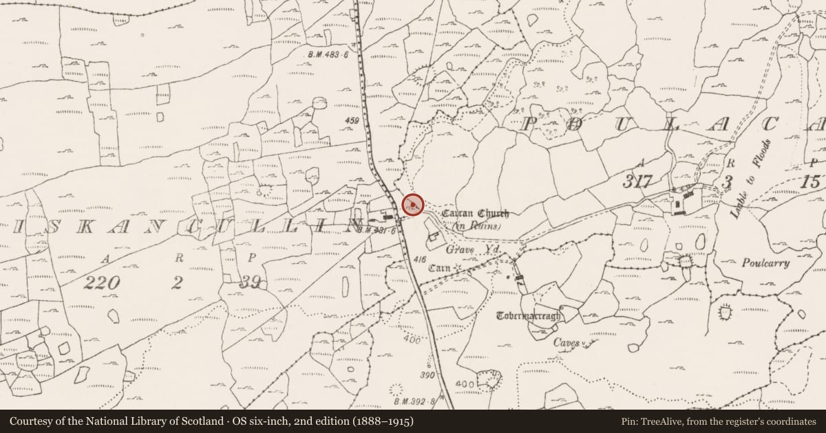 Ordnance Survey six-inch map, 2nd edition (1888–1915) covering the location of House - indeterminate date, Poulcaragharush, County Clare, with a pin at the register's coordinates
