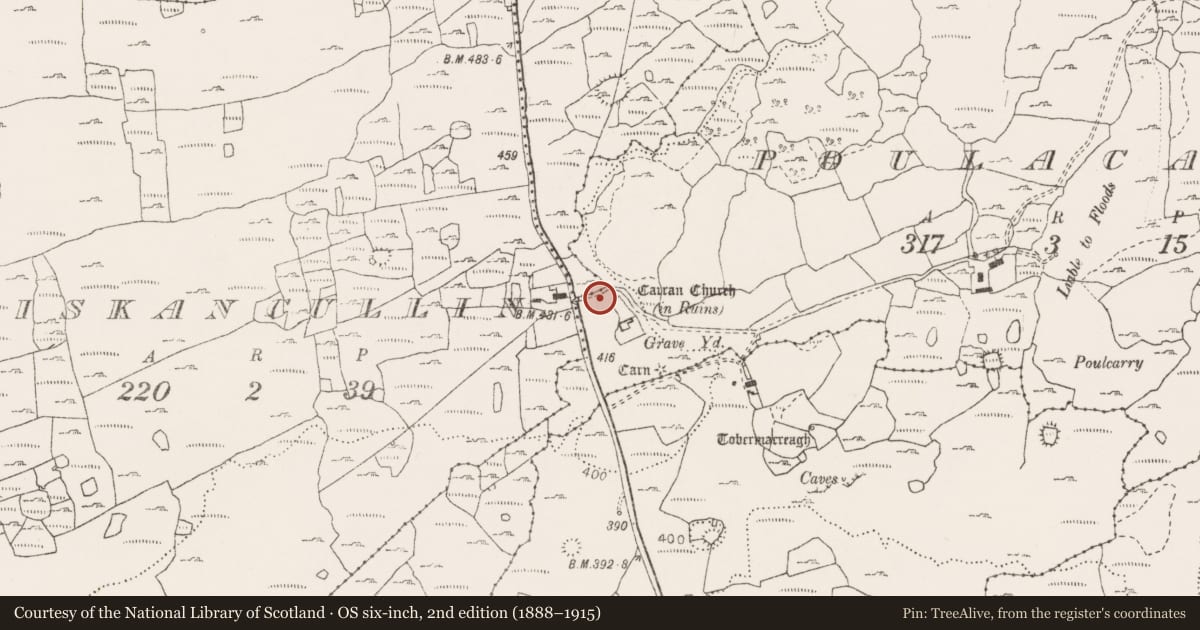 Ordnance Survey six-inch map, 2nd edition (1888–1915) covering the location of House - indeterminate date, Poulacarran, County Clare, with a pin at the register's coordinates