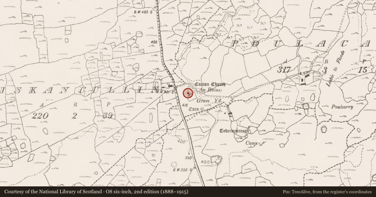 Ordnance Survey six-inch map, 2nd edition (1888–1915) covering the location of House - indeterminate date, Poulacarran, County Clare, with a pin at the register's coordinates