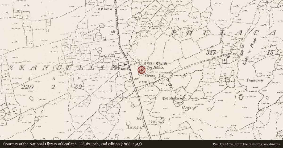 Ordnance Survey six-inch map, 2nd edition (1888–1915) covering the location of House - indeterminate date, Poulacarran, County Clare, with a pin at the register's coordinates