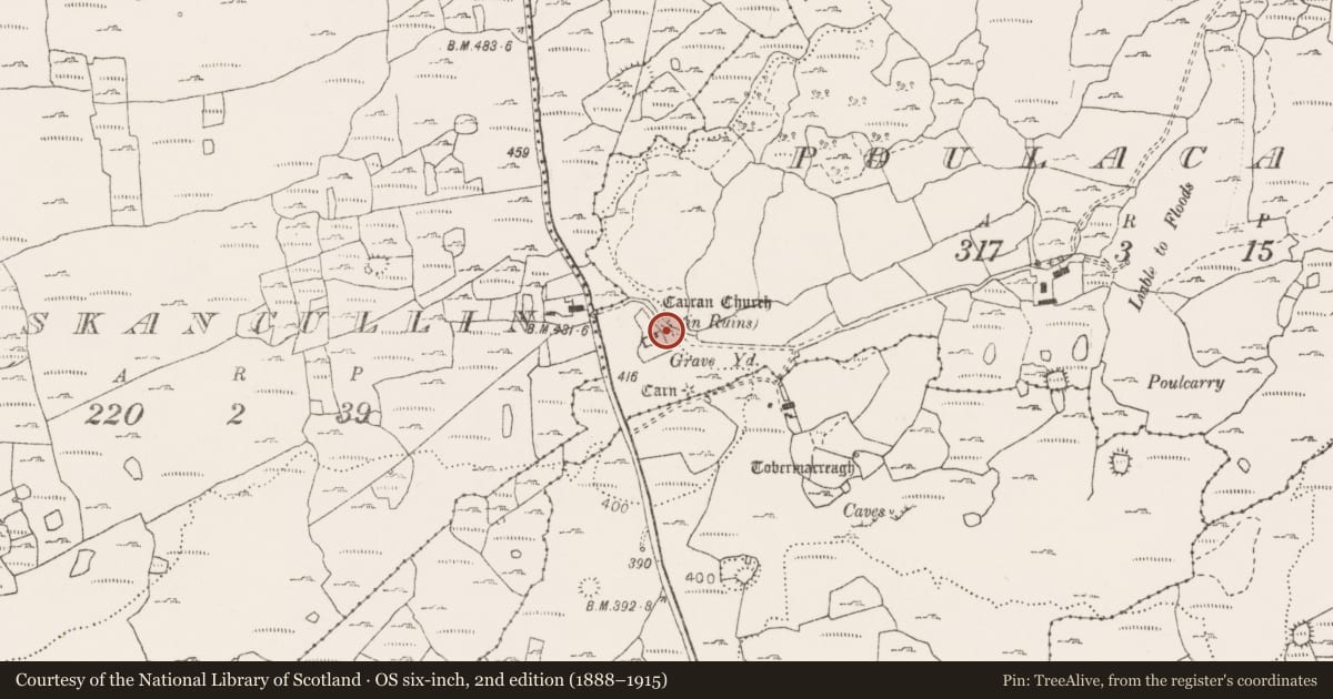 Ordnance Survey six-inch map, 2nd edition (1888–1915) covering the location of Font, Poulacarran, County Clare, with a pin at the register's coordinates