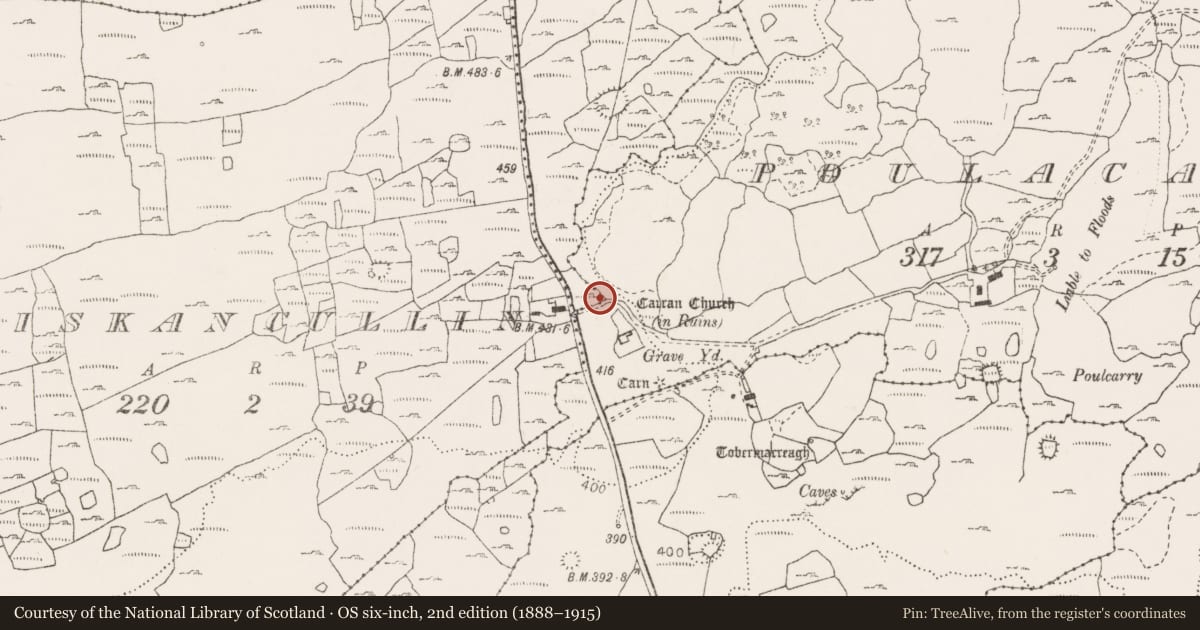 Ordnance Survey six-inch map, 2nd edition (1888–1915) covering the location of Road - road/trackway, Poulcaragharush, County Clare, with a pin at the register's coordinates