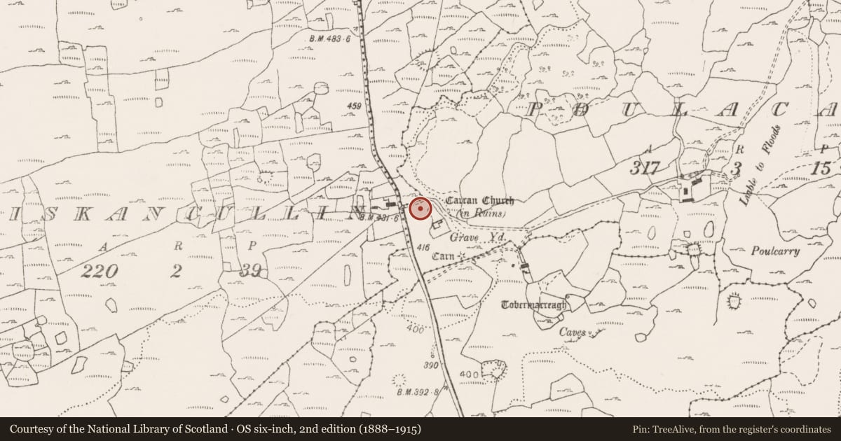 Ordnance Survey six-inch map, 2nd edition (1888–1915) covering the location of Road - road/trackway, Poulacarran, County Clare, with a pin at the register's coordinates