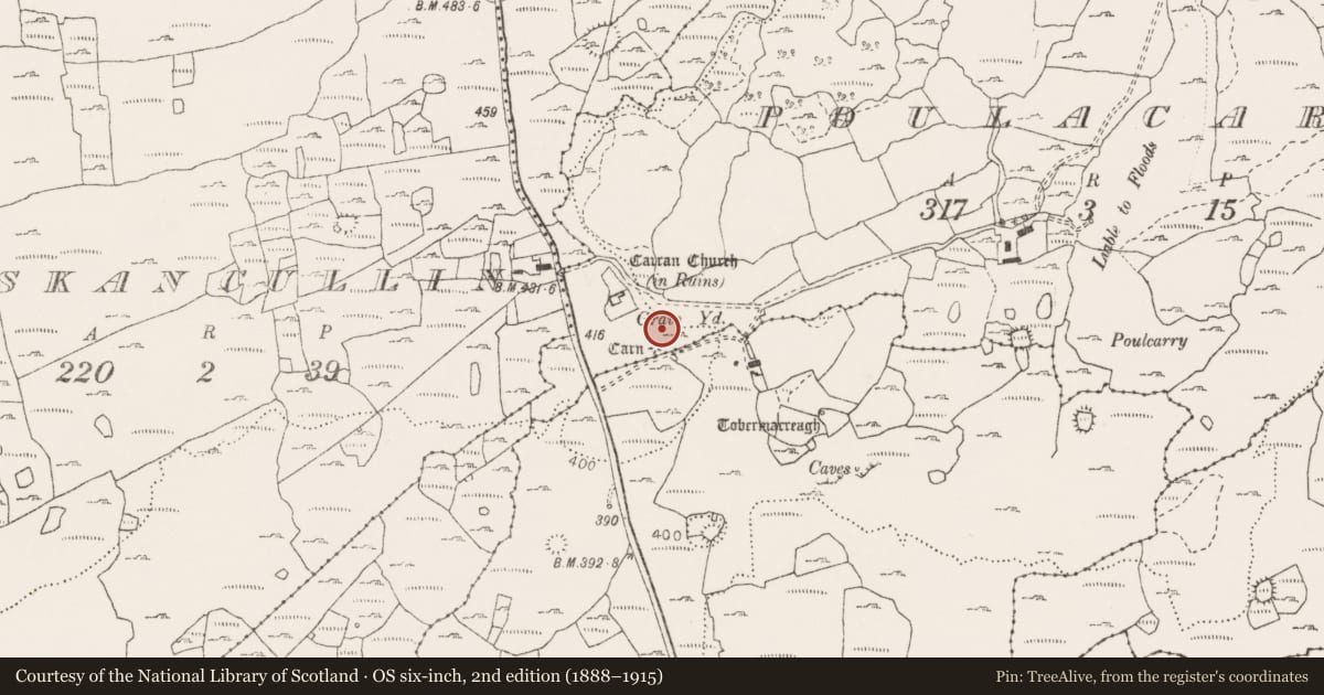 Ordnance Survey six-inch map, 2nd edition (1888–1915) covering the location of Cairn - unclassified, Poulacarran, County Clare, with a pin at the register's coordinates