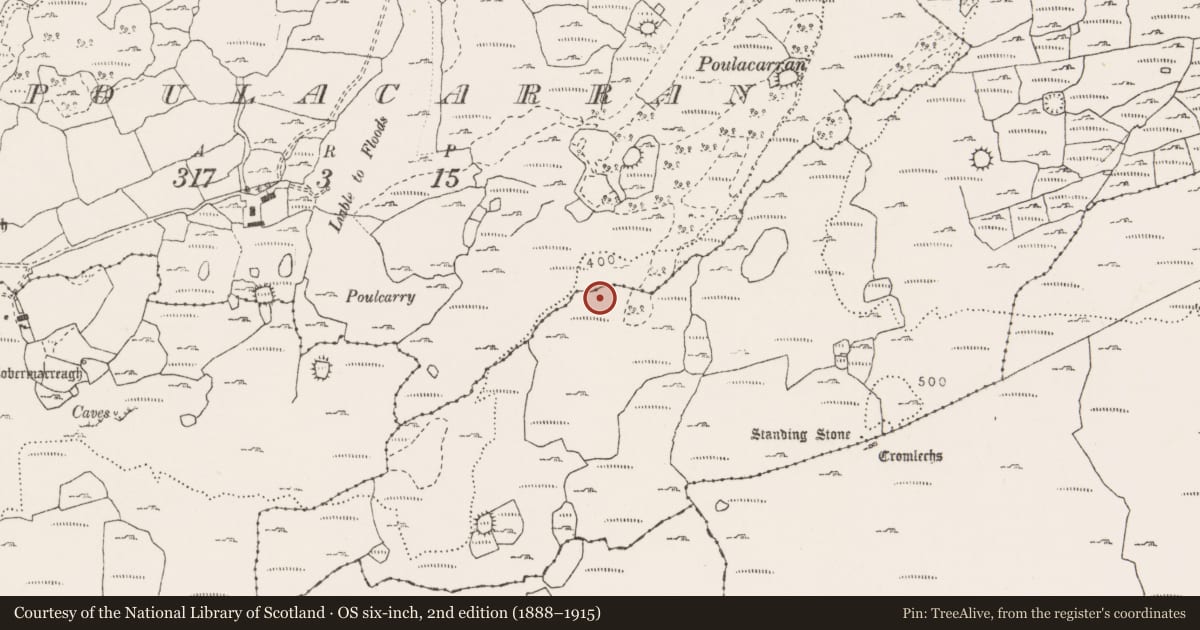 Ordnance Survey six-inch map, 2nd edition (1888–1915) covering the location of Cairn - unclassified, Poulacarran, County Clare, with a pin at the register's coordinates